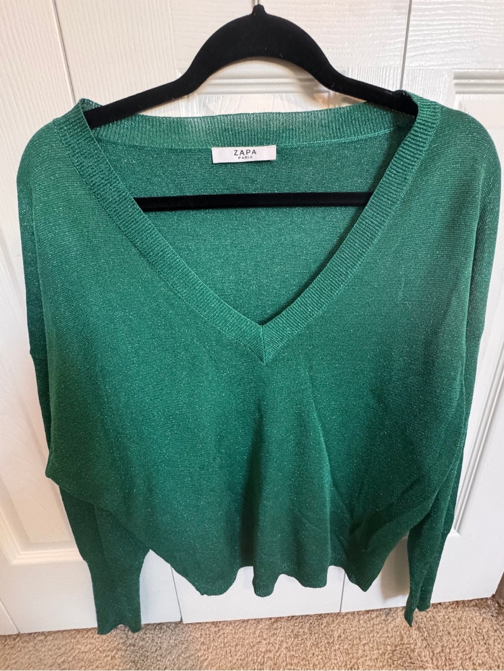 ZAPA Paris Paulin Emerald Green Metallic Shimmer V-Neck Sweater Size 2